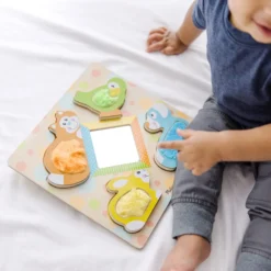 First Play Wooden Touch and Feel Puzzle Peek-a-Boo Pets With Mirror