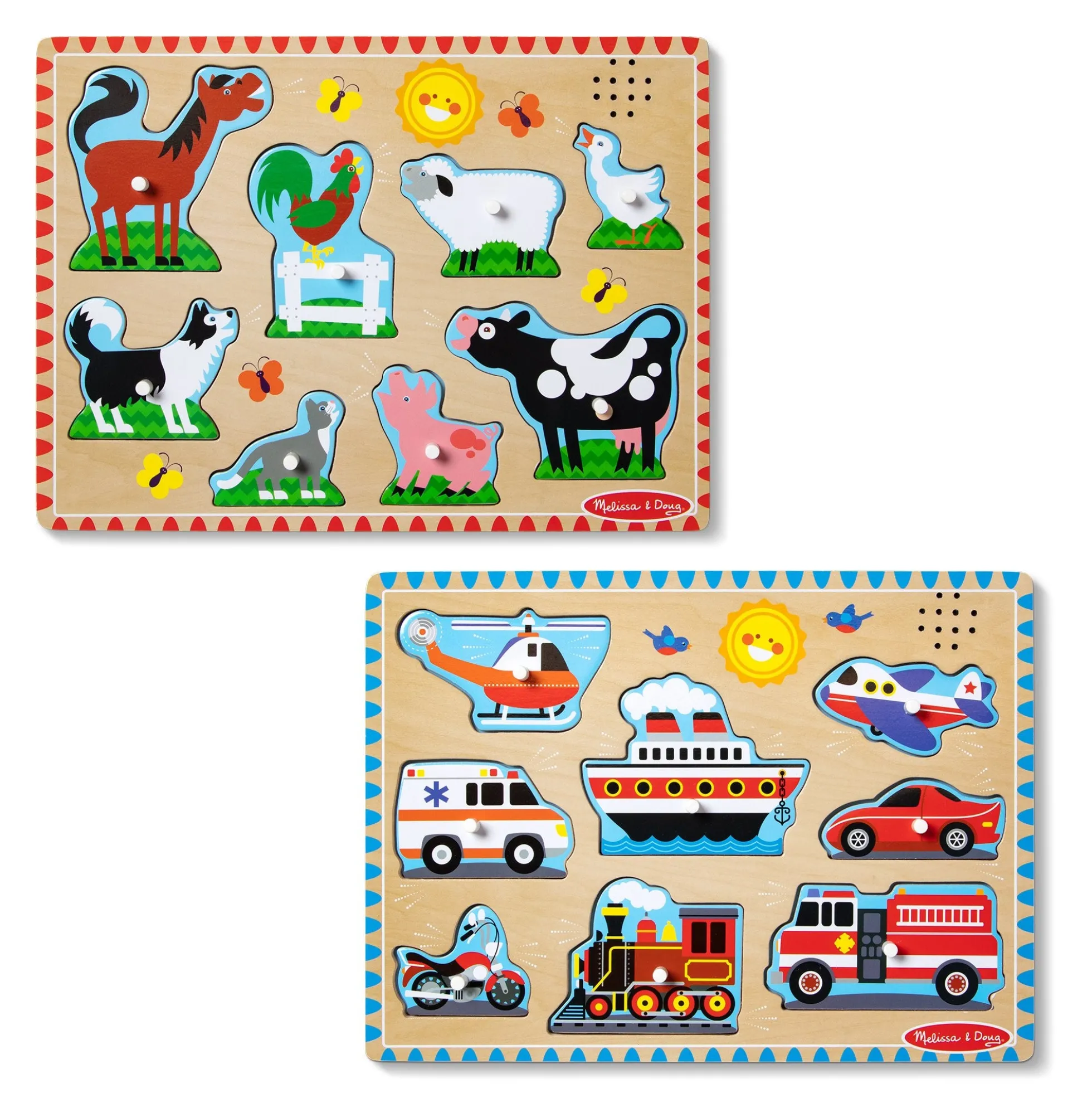Wooden Sound Puzzle 2-Pack – Farm Animals, Vehicles